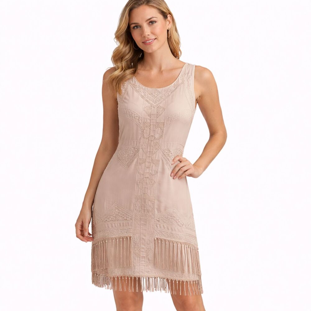 Staring At Stars Embroidered Fringe Design Dress Beige M